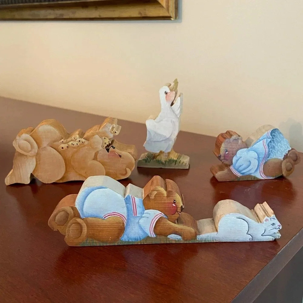 🩵 Lot of 4 Folk Art Hand Painted Bear & Duck Wood Decor Artist Signed D. Martin
